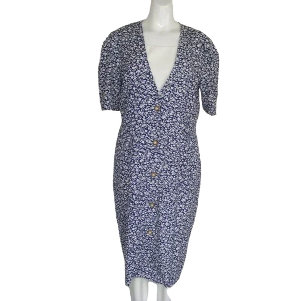 MS. BASIA Dress, VINTAGE 10, Blue Floral, Golden buttons, Short sleeve, Insert - Picture 11 of 14